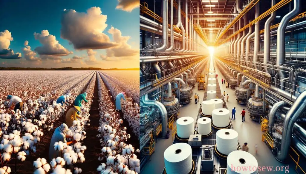 Cotton vs. Polyester - Cotton fields with workers and industrial polyester manufacturing unit